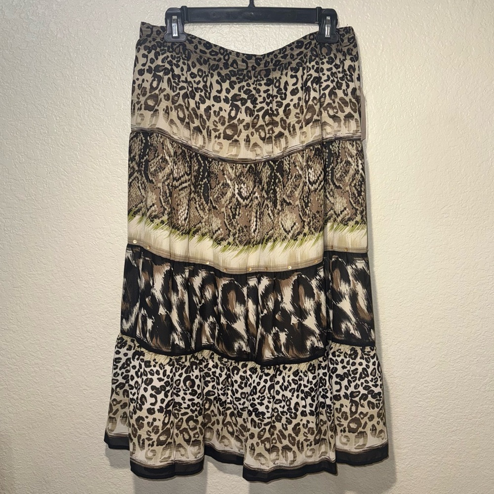 JM Collection Animal Print Tiered Skirt 16P NWT Boho Midi Petite